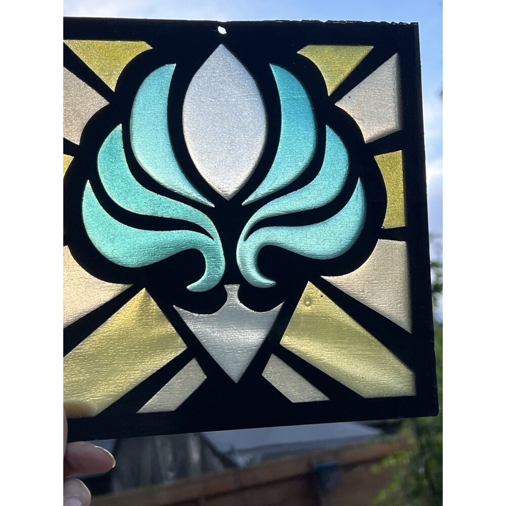 Vintage Wood Resin Faux Stained Glass Floral Window Hanging Suncatcher 8x8